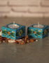 Blue Pottery Candle Holder Set - Turquoise Base and Yellow Flowers